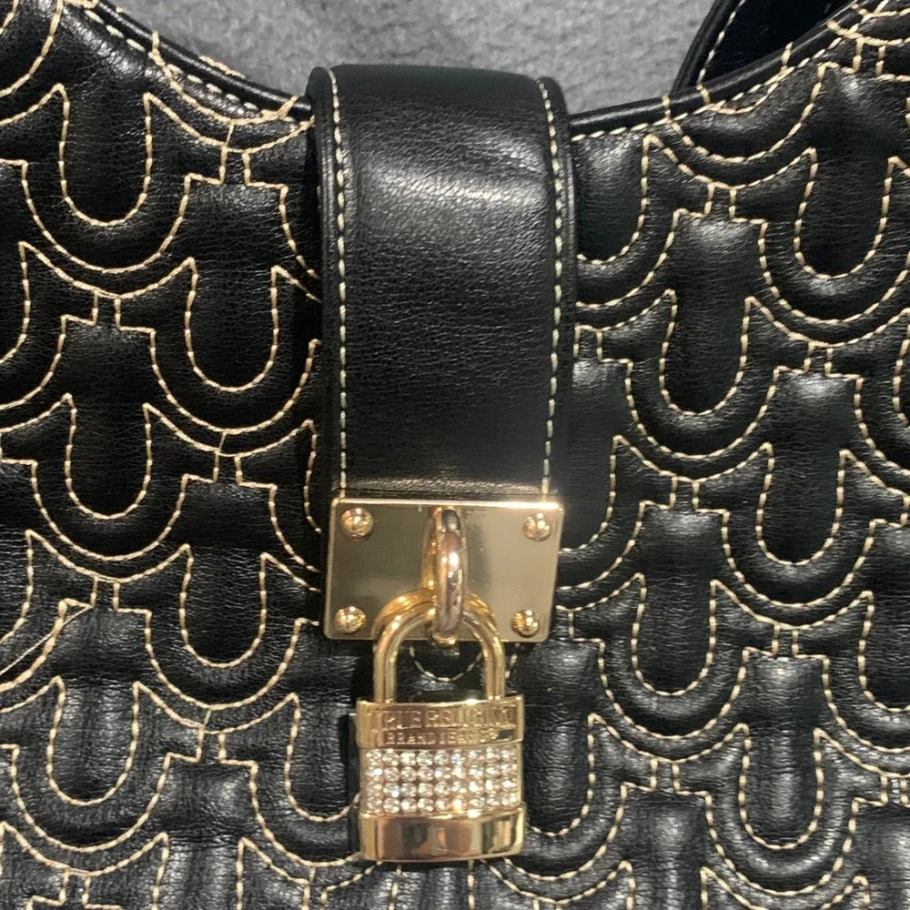 True Religion Black Horseshoe Quilted Tote Bag Gold Rhinestone Padlock‎ Large